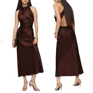 Reformation Satin Halter Maxi Dress in Deep Brown